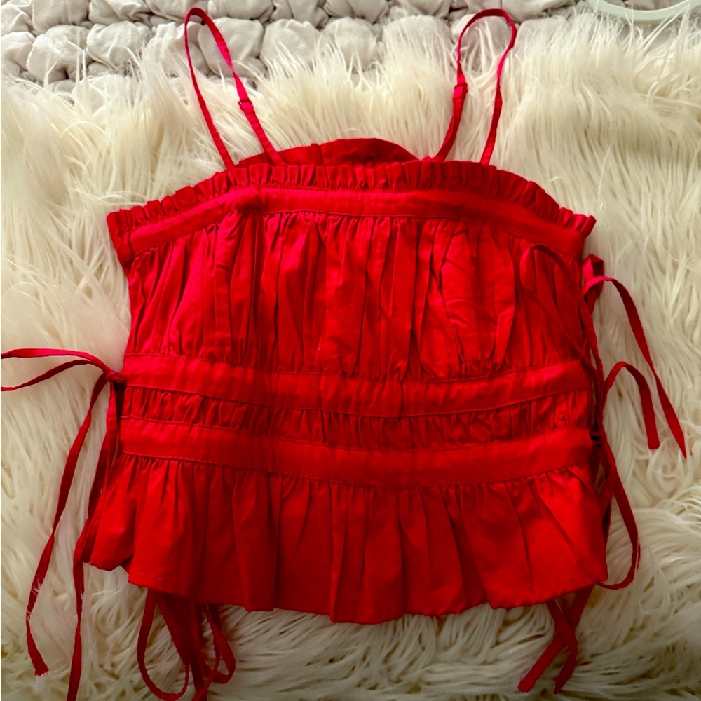 Free People Red Smocked Camisole with Ruffled Tie Front